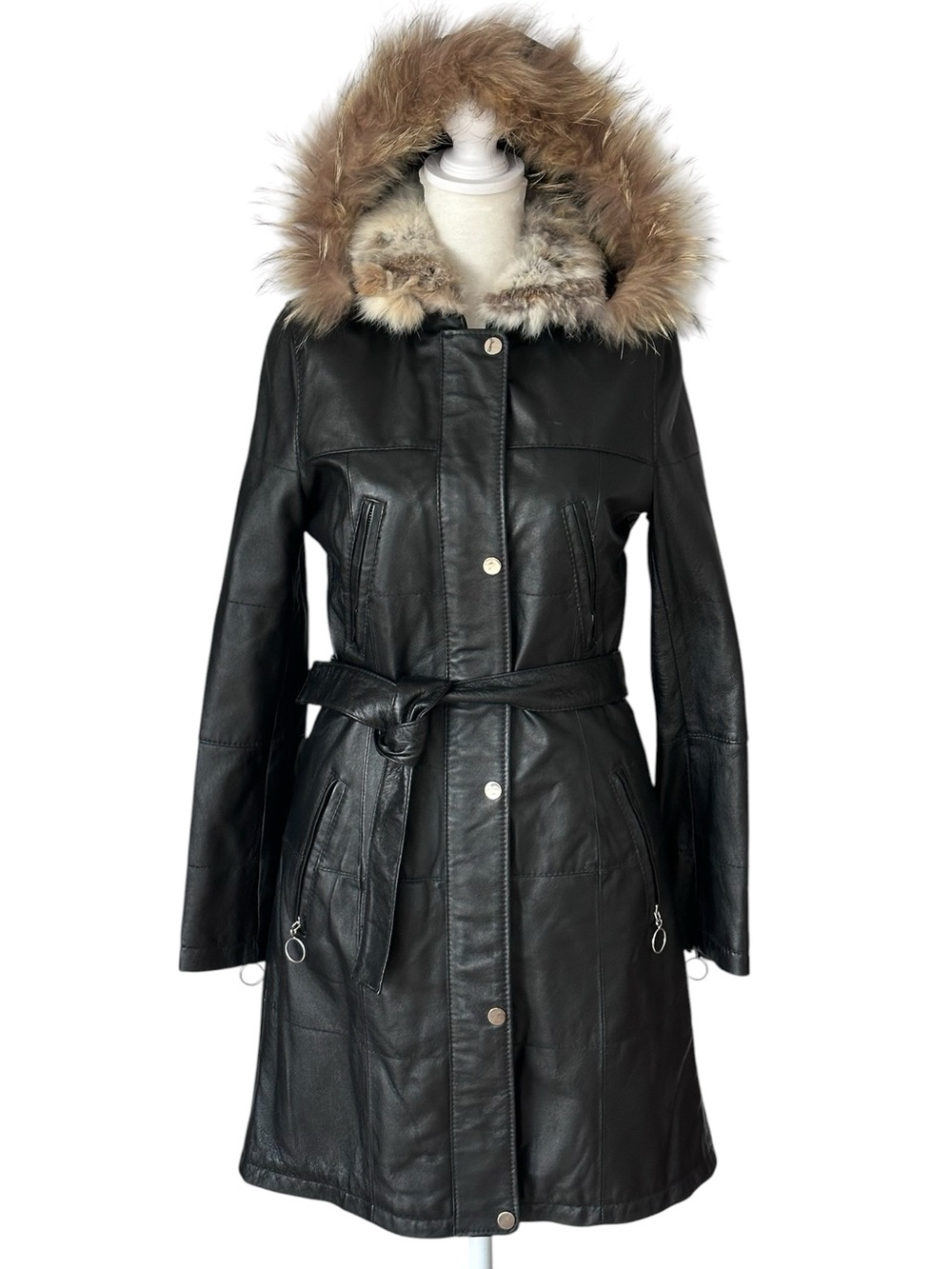 Arden B. Luxe Vintage Y2K Women’s Black Leather Coat Fur Trim Hood/Collar Small
